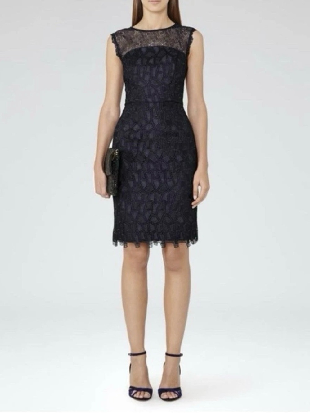 Reiss Kirsty Navy Blue Lace Overlay Midi Dress Sleeveless Round Neck
Sz4-6*